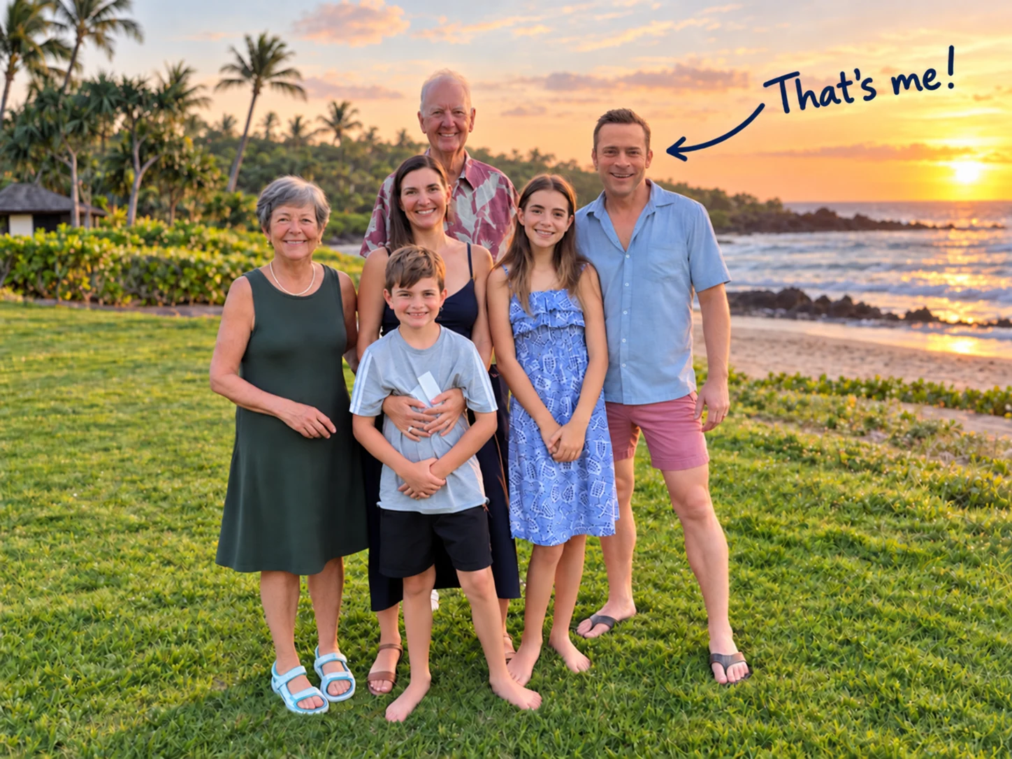 A family of six at sunset, with a ‘That’s me!’ arrow pointing to the man in the blue shirt on the right